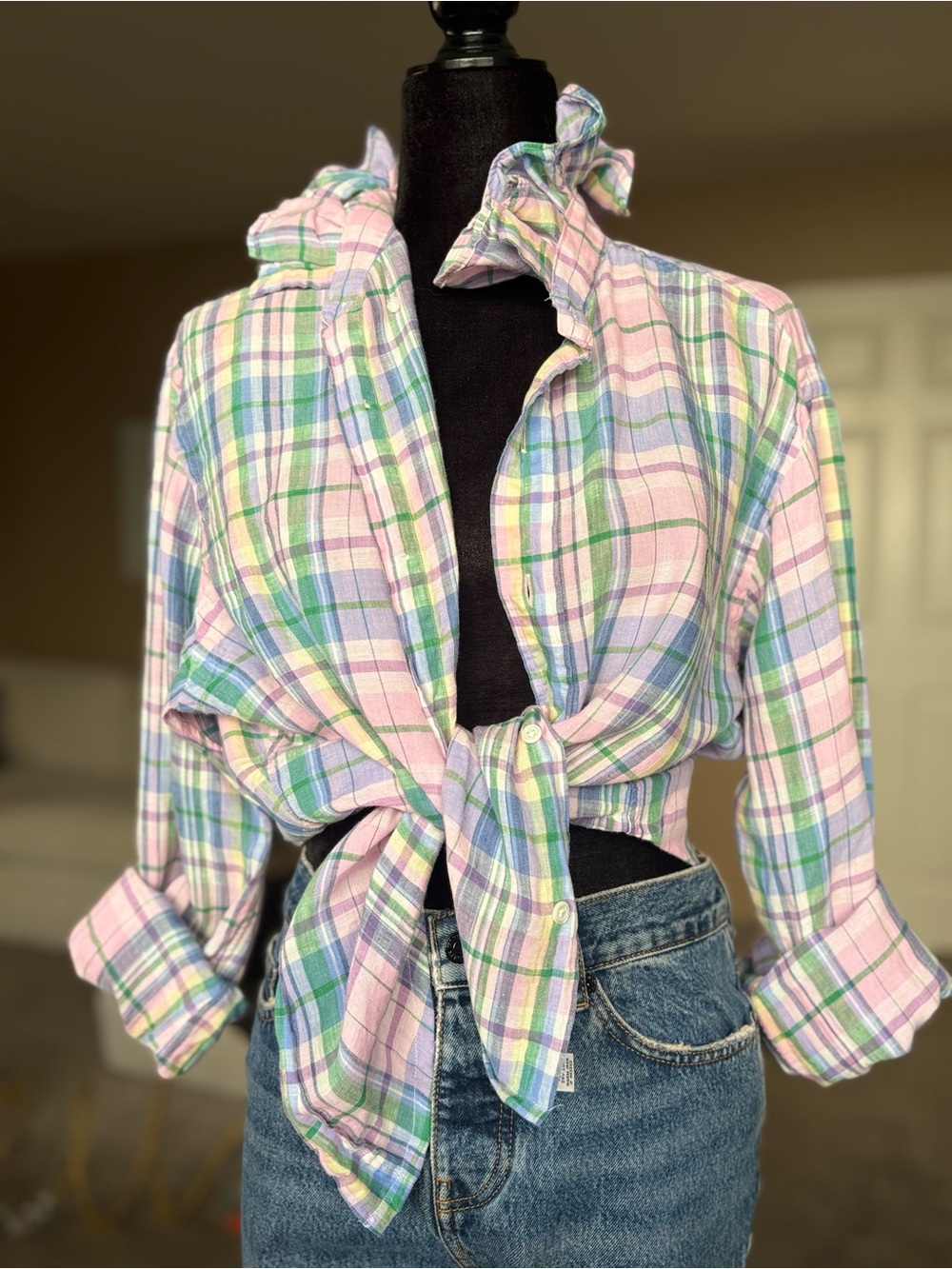 ReworkeRalph Lauren Pastel Plaid Button-Down Shirt - Pink, Green, Blue size m/l